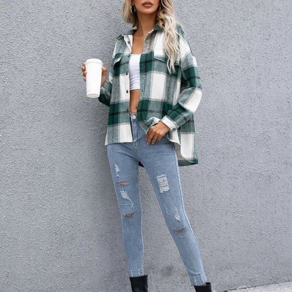 Green Casual Womens Plaid Flap Pocket Drop Shoulder Jacket - Picture 5 of 5